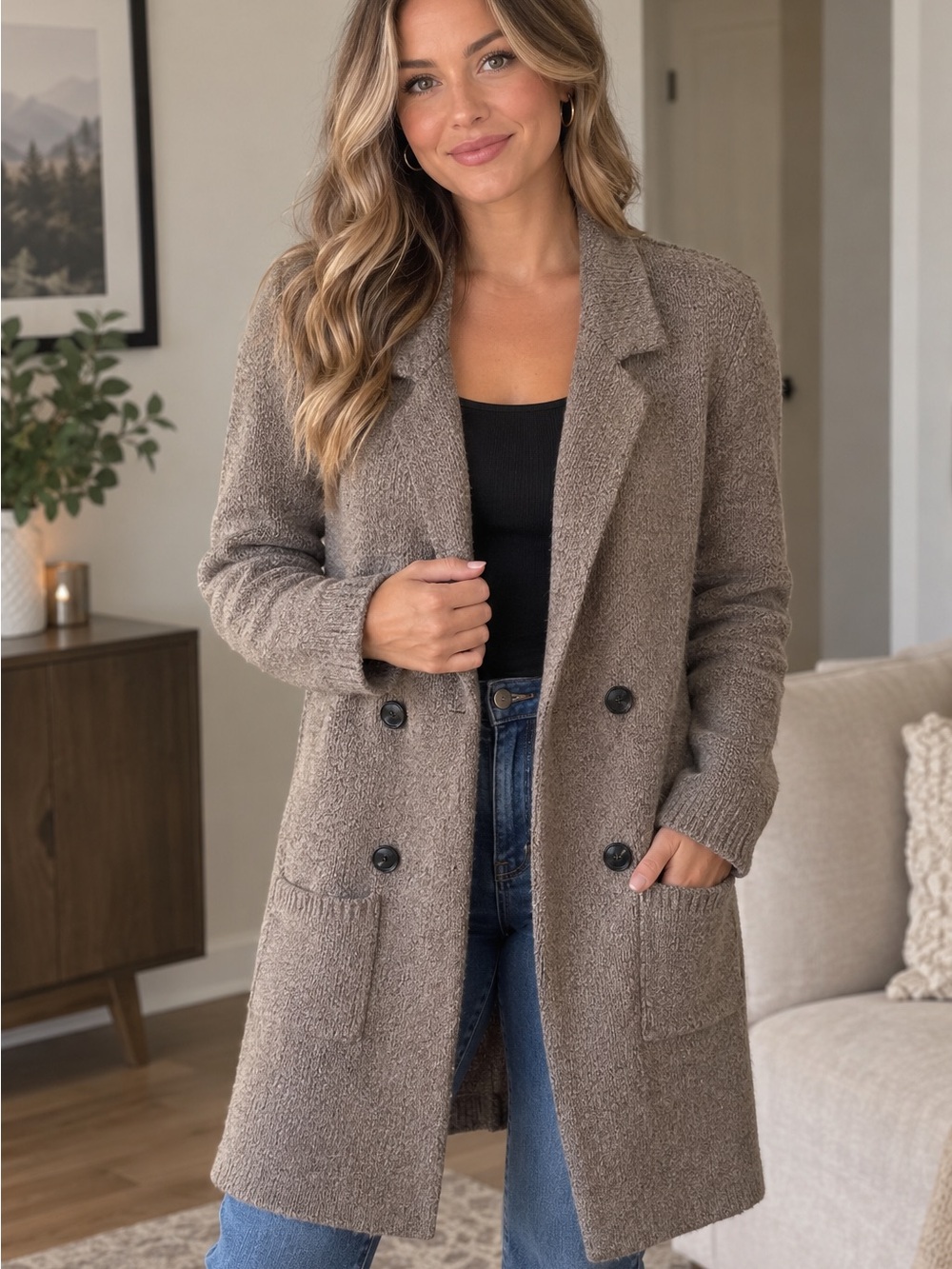 Active USA Long Taupe Double-Breasted Knit Cardigan Coatigan